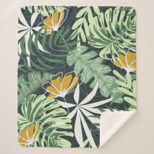 Manta Sherpa Patrón sin foco con hojas tropicales y flores 