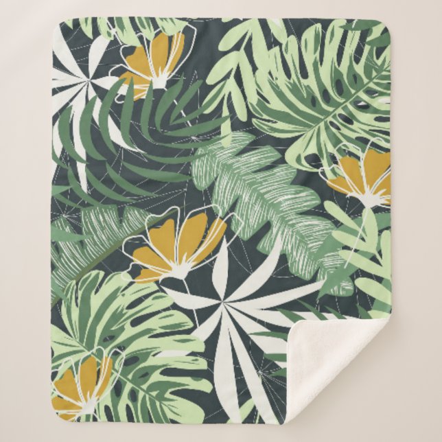 Manta Sherpa Patrón sin foco con hojas tropicales y flores  (Anverso)