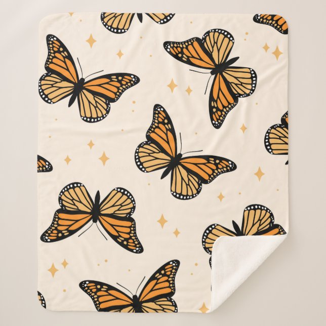 Manta Sherpa Patrón sin foco con mariposas monarcas. Contemp (Anverso)