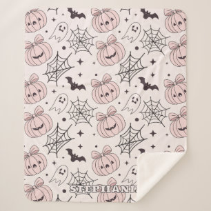 Manta Sherpa Patrón sin foco de Halloween rosa pastel (5)