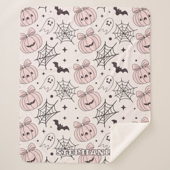 Manta Sherpa Patrón sin foco de Halloween rosa pastel (5) (Anverso)