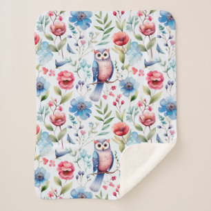 Manta Sherpa Patrón sin soldadura de lechuza floral acuarela