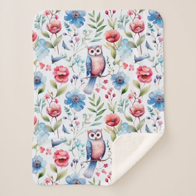 Manta Sherpa Patrón sin soldadura de lechuza floral acuarela (Anverso)