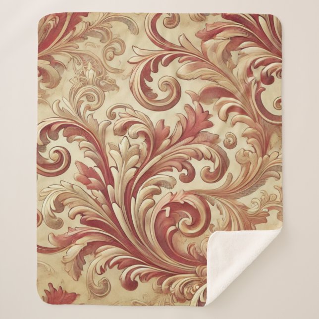 Manta Sherpa Patrón suave de Damasco rojo y dorado (Anverso)