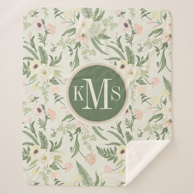Manta Sherpa Patrón suave de flores de jardín verde (Anverso)