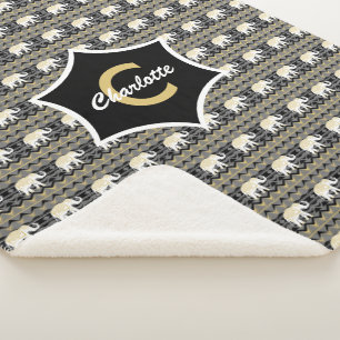 Manta Sherpa Patrón tribal del elefante blanco Monograma dorad