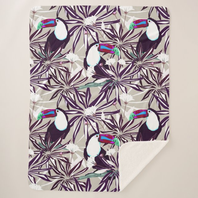 Manta Sherpa Patrón tropical con palmeras y aves. (Anverso)