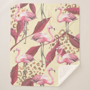 Manta Sherpa Patrón tropical sin foco con flamingo rosa, izquie