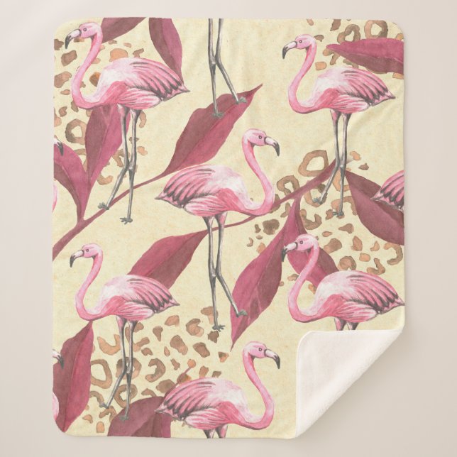 Manta Sherpa Patrón tropical sin foco con flamingo rosa, izquie (Anverso)