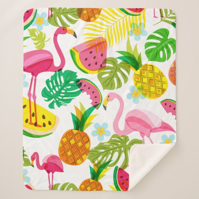 Manta Sherpa Patrón tropical sin foco con flamingo rosa, palma (Anverso)