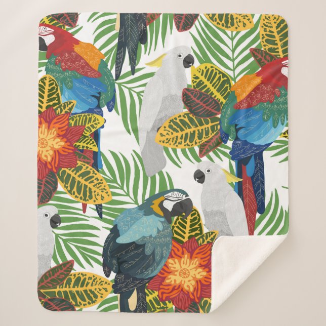 Manta Sherpa Patrón tropical sin foco con loros.  (Anverso)