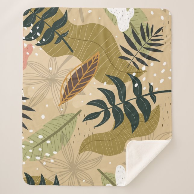 Manta Sherpa Patrón tropical sin foco con plantas, hojas, dec (Anverso)