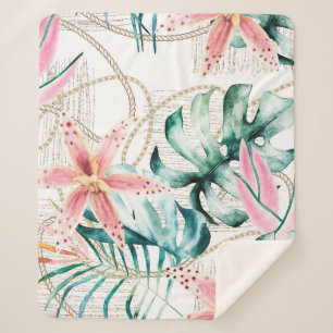 Manta Sherpa Patrón tropical sin soldadura con hojas de orquíde