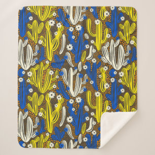 Manta Sherpa Patrón vintage con cactus sobre fondo negro. S