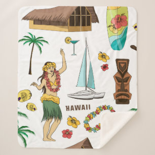 Manta Sherpa  Patrón vintage de iconos y símbolos hawaianos