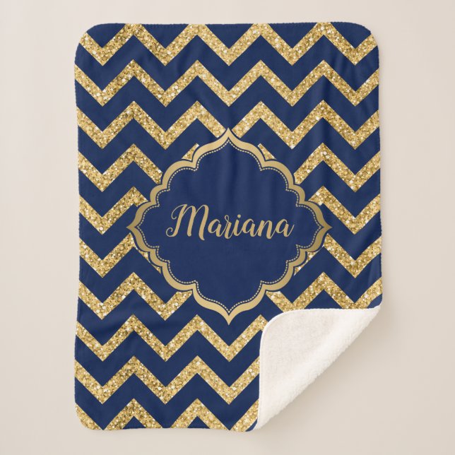Manta Sherpa Patrón Zigzag de cheurón azul Purpurina dorado (Anverso)