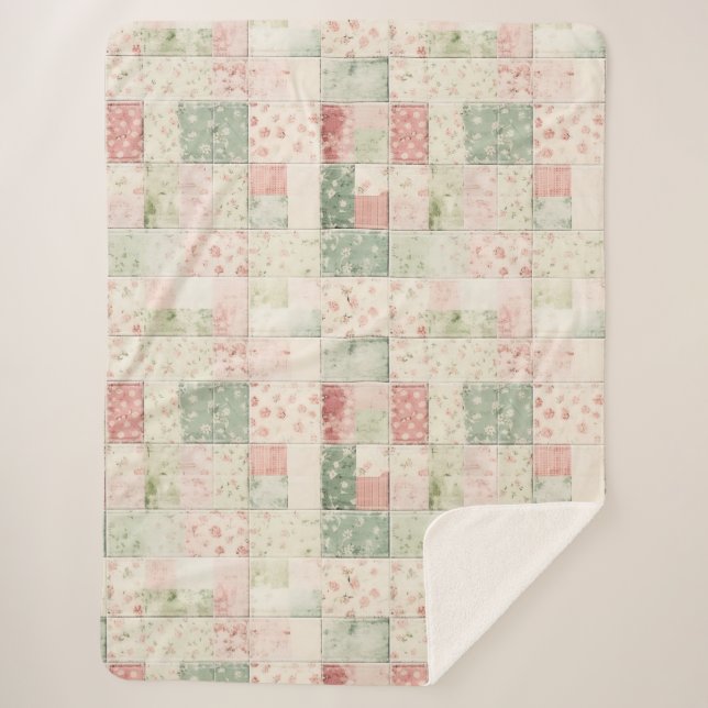 Manta Sherpa Patrones de Colcha Floral Rosa Menta Occidental (Anverso)