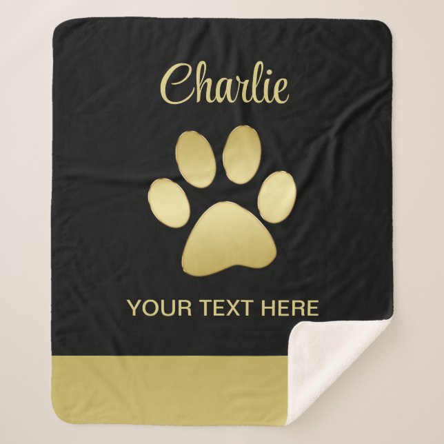 Manta Sherpa Paw dorada de perro brillante sobre fondo negro (Anverso)