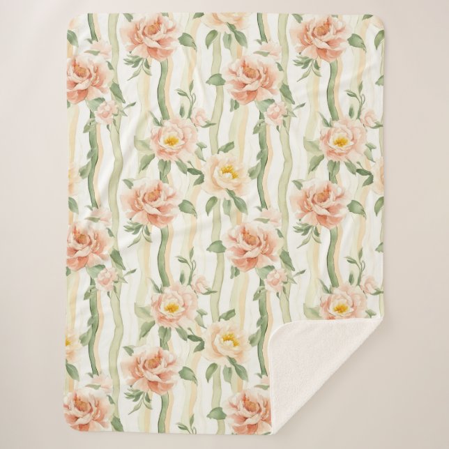 Manta Sherpa Peach Mint Roses Floral Stripes Birthday (Anverso)