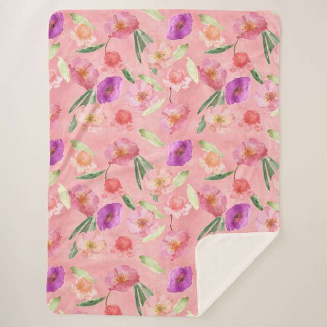 Manta Sherpa Peach Pink Purple Garden Floral (Anverso)