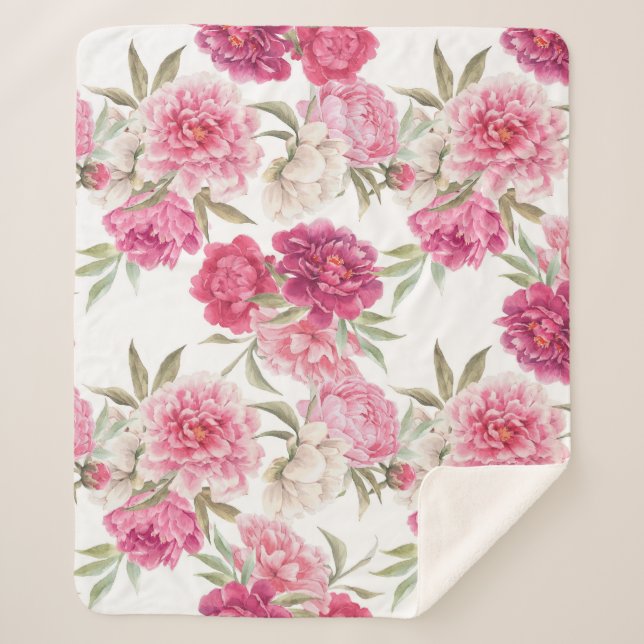 Manta Sherpa Peonías rosadas acuarelas: elegancia floral (Anverso)