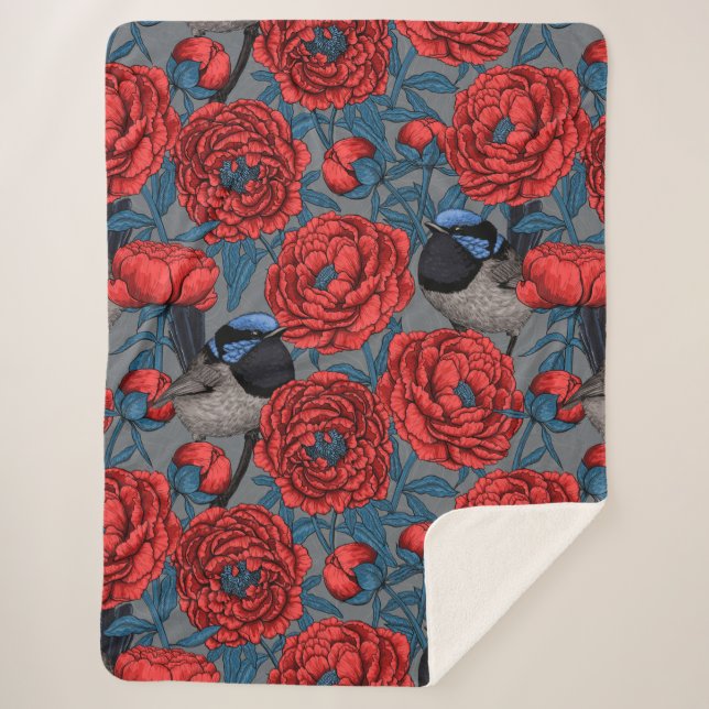 Manta Sherpa Peonies y wrens (Anverso)