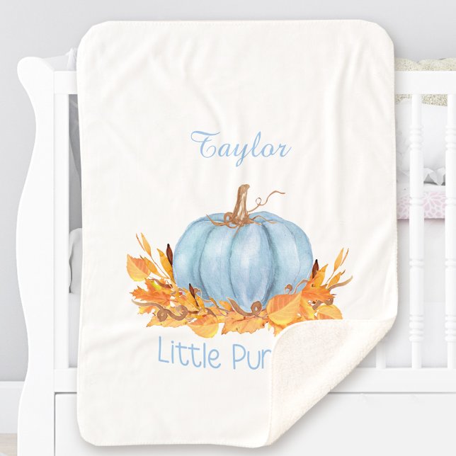 Manta Sherpa Pequeño niño de la calabaza - Nombre personalizado (Little Pumpkin Baby Boy Blue Custom Name Sherpa Blanket)