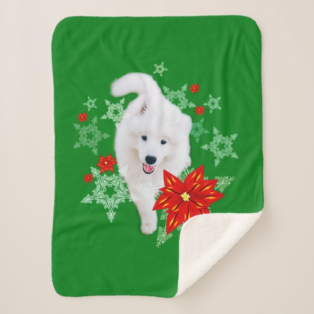 Manta Sherpa Perro de Navidades furtivos Samoyed personalizado (Anverso)