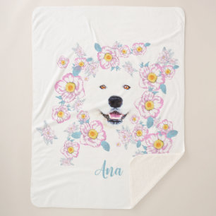 Manta Sherpa Perro Samoyed y flores rosadas