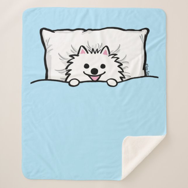 Manta Sherpa Perro tierno de Pomerania blanco en la cama (Anverso)