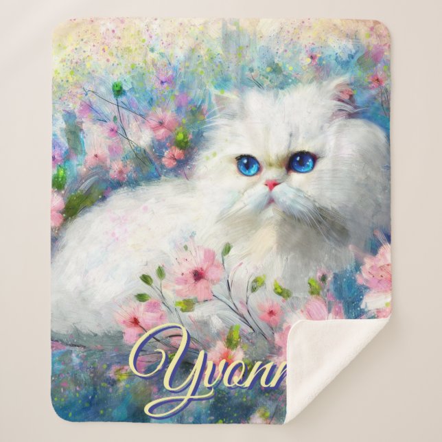 Manta Sherpa Persian Cat Blue Eyes in Pink Flowers Personalized (Anverso)