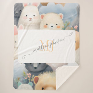 Manta Sherpa Personalizable Pastel de animales con nombre y mon
