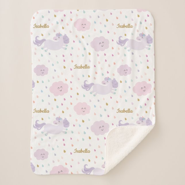 Manta Sherpa Personalizado Chica de Cute Purple Unicorn (Anverso)