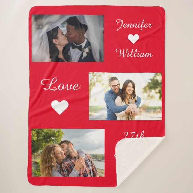 Manta Sherpa Personalizado Collage de fotos Boda Fecha Amor Roj (Anverso)