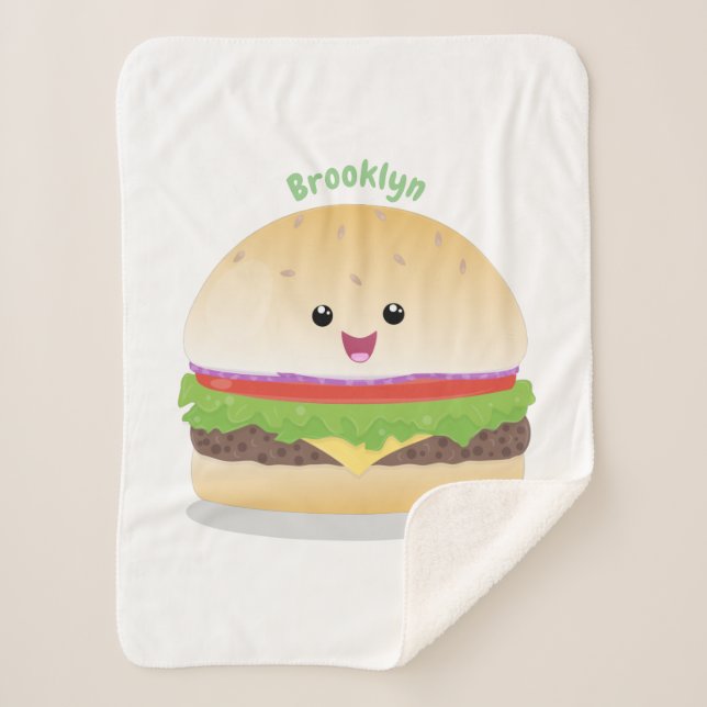Manta Sherpa Personalizado de hamburguesa kawaii feliz (Anverso)