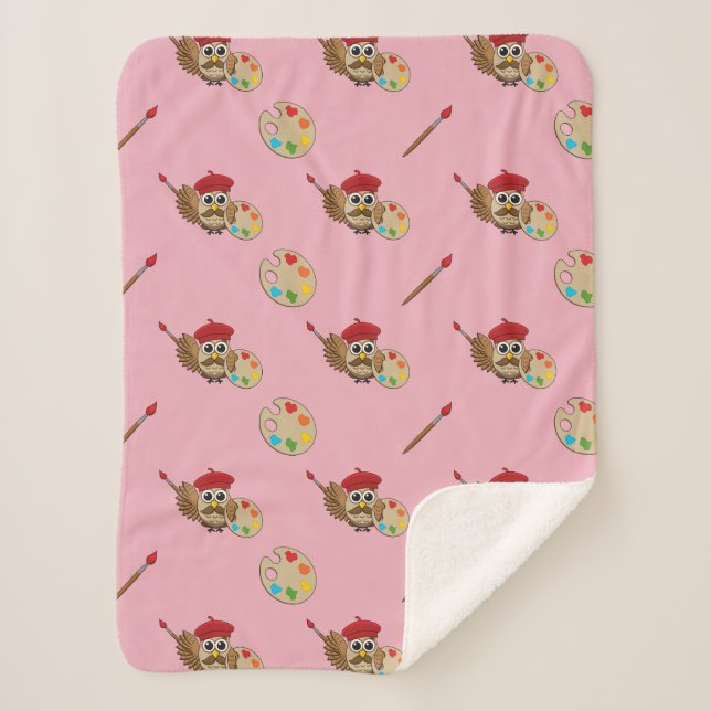Manta Sherpa Personalizado de Lechuza Cute Painter (Anverso)
