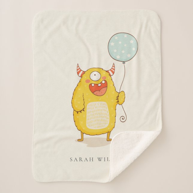Manta Sherpa Personalizado de Monstruo Feliz Amarillo Cute Aqua (Anverso)