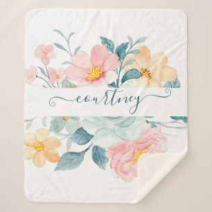 Manta Sherpa Personalizado floral acuarela rosa y naranja