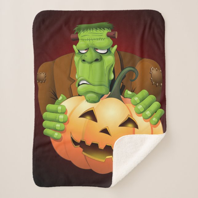 Manta Sherpa Personalizado Frankenstein con Calabaza (Anverso)