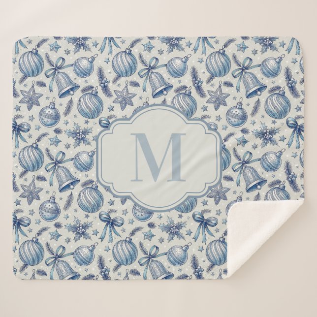 Manta Sherpa Personalizado Monograma Blue Toile Ornamentos de N (Anverso (horizontal))