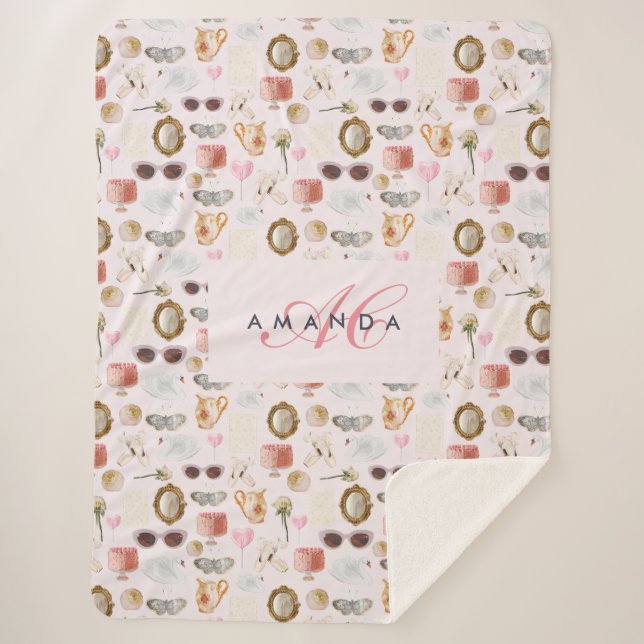Manta Sherpa Personalizado Monograma Coquette Cute chica Rosa F (Anverso)