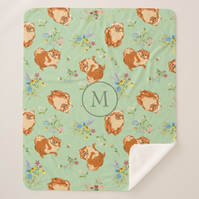 Manta Sherpa Personalizado Monograma Patrón Pomerano Floral Ver (Anverso)