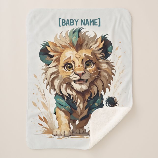 Manta Sherpa Personalizado Pequeño León Beige Turquesa Personal (Anverso)
