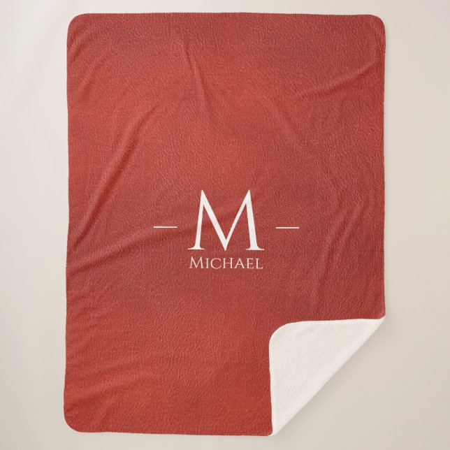 Manta Sherpa Personalizado rojo cuero marrón aspecto Monograma  (Anverso)