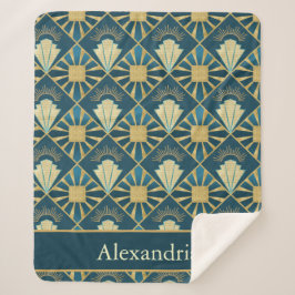Manta Sherpa Personalized Art Deco Teal & Gold Geometric Name 