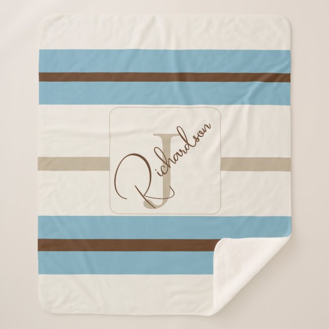 Manta Sherpa Personalized Blue Brown Stripe Monogram Coastal  (Anverso)