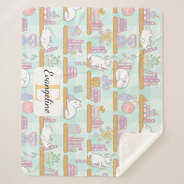 Manta Sherpa Personalized Bookish Cat Gift Green Pastel Name (Anverso)