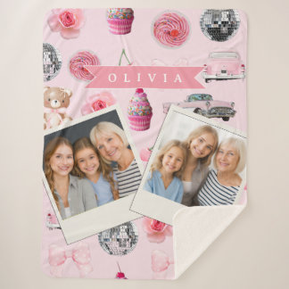 Manta Sherpa Personalized Pink Coquette Retro Cute Teddy Bear 