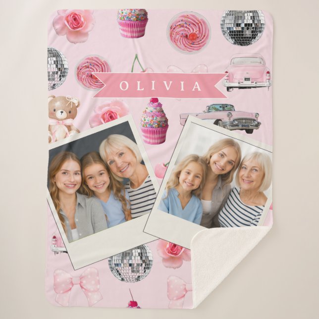 Manta Sherpa Personalized Pink Coquette Retro Cute Teddy Bear  (Anverso)