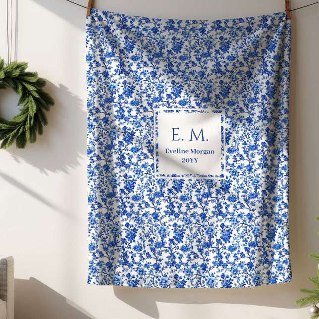 Manta Sherpa Personalized Royal Blue Floral Toile Cozy Blanket (Personalized Royal Blue Floral Toile Cozy Blanket)